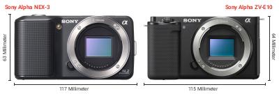 Größenvergleich: Sony Alpha NEX-3 vs. Sony Alpha ZV-E10 Größenvergleich: Sony Alpha NEX-3 vs. Sony Alpha ZV-E10