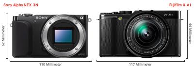 Größenvergleich: Sony Alpha NEX-3N vs. Fujifilm X-A1 Größenvergleich: Sony Alpha NEX-3N vs. Fujifilm X-A1
