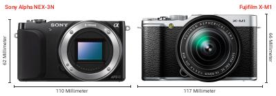 Größenvergleich: Sony Alpha NEX-3N vs. Fujifilm X-M1 Größenvergleich: Sony Alpha NEX-3N vs. Fujifilm X-M1