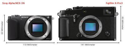 Größenvergleich: Sony Alpha NEX-3N vs. Fujifilm X-Pro3