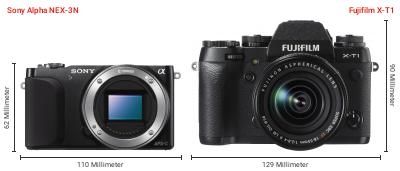 Größenvergleich: Sony Alpha NEX-3N vs. Fujifilm X-T1 Größenvergleich: Sony Alpha NEX-3N vs. Fujifilm X-T1