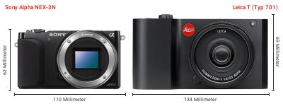 Größenvergleich: Sony Alpha NEX-3N vs. Leica T (Typ 701) Größenvergleich: Sony Alpha NEX-3N vs. Leica T (Typ 701)