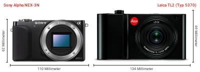 Größenvergleich: Sony Alpha NEX-3N vs. Leica TL2 (Typ 5370) Größenvergleich: Sony Alpha NEX-3N vs. Leica TL2 (Typ 5370)