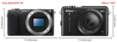 Größenvergleich: Sony Alpha NEX-3N vs. Nikon 1 AW1 Größenvergleich: Sony Alpha NEX-3N vs. Nikon 1 AW1