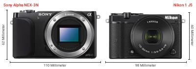 Größenvergleich: Sony Alpha NEX-3N vs. Nikon 1 J5 Größenvergleich: Sony Alpha NEX-3N vs. Nikon 1 J5