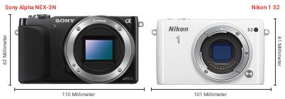 Größenvergleich: Sony Alpha NEX-3N vs. Nikon 1 S2 Größenvergleich: Sony Alpha NEX-3N vs. Nikon 1 S2
