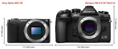 Größenvergleich: Sony Alpha NEX-3N vs. OM System OM-D E-M1 Mark III