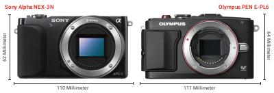 Größenvergleich: Sony Alpha NEX-3N vs. OM System PEN E-PL6 Größenvergleich: Sony Alpha NEX-3N vs. OM System PEN E-PL6