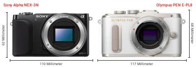 Größenvergleich: Sony Alpha NEX-3N vs. OM System PEN E-PL8 Größenvergleich: Sony Alpha NEX-3N vs. OM System PEN E-PL8