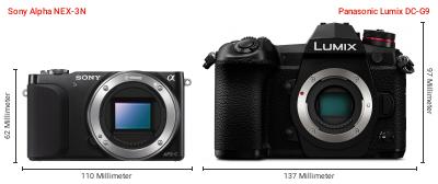 Größenvergleich: Sony Alpha NEX-3N vs. Panasonic Lumix DC-G9 Größenvergleich: Sony Alpha NEX-3N vs. Panasonic Lumix DC-G9