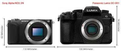 Größenvergleich: Sony Alpha NEX-3N vs. Panasonic Lumix DC-G91 Größenvergleich: Sony Alpha NEX-3N vs. Panasonic Lumix DC-G91