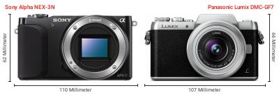 Größenvergleich: Sony Alpha NEX-3N vs. Panasonic Lumix DMC-GF7 Größenvergleich: Sony Alpha NEX-3N vs. Panasonic Lumix DMC-GF7