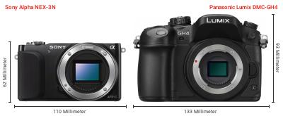 Größenvergleich: Sony Alpha NEX-3N vs. Panasonic Lumix DMC-GH4 Größenvergleich: Sony Alpha NEX-3N vs. Panasonic Lumix DMC-GH4
