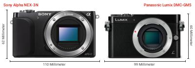 Größenvergleich: Sony Alpha NEX-3N vs. Panasonic Lumix DMC-GM5 Größenvergleich: Sony Alpha NEX-3N vs. Panasonic Lumix DMC-GM5