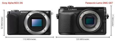Größenvergleich: Sony Alpha NEX-3N vs. Panasonic Lumix DMC-GX7 Größenvergleich: Sony Alpha NEX-3N vs. Panasonic Lumix DMC-GX7