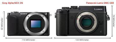 Größenvergleich: Sony Alpha NEX-3N vs. Panasonic Lumix DMC-GX8 Größenvergleich: Sony Alpha NEX-3N vs. Panasonic Lumix DMC-GX8