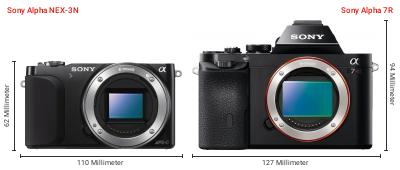 Größenvergleich: Sony Alpha NEX-3N vs. Sony Alpha 7R Größenvergleich: Sony Alpha NEX-3N vs. Sony Alpha 7R