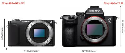 Größenvergleich: Sony Alpha NEX-3N vs. Sony Alpha 7R III Größenvergleich: Sony Alpha NEX-3N vs. Sony Alpha 7R III
