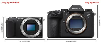 Größenvergleich: Sony Alpha NEX-3N vs. Sony Alpha 9 III Größenvergleich: Sony Alpha NEX-3N vs. Sony Alpha 9 III