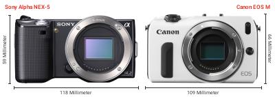 Größenvergleich: Sony Alpha NEX-5 vs. Canon EOS M Größenvergleich: Sony Alpha NEX-5 vs. Canon EOS M