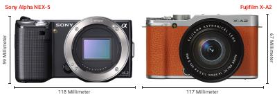 Größenvergleich: Sony Alpha NEX-5 vs. Fujifilm X-A2 Größenvergleich: Sony Alpha NEX-5 vs. Fujifilm X-A2