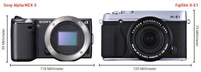 Größenvergleich: Sony Alpha NEX-5 vs. Fujifilm X-E1 Größenvergleich: Sony Alpha NEX-5 vs. Fujifilm X-E1