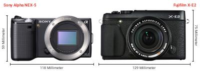 Größenvergleich: Sony Alpha NEX-5 vs. Fujifilm X-E2 Größenvergleich: Sony Alpha NEX-5 vs. Fujifilm X-E2