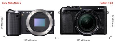 Größenvergleich: Sony Alpha NEX-5 vs. Fujifilm X-E3 Größenvergleich: Sony Alpha NEX-5 vs. Fujifilm X-E3