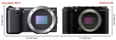 Größenvergleich: Sony Alpha NEX-5 vs. Fujifilm X-M5 Größenvergleich: Sony Alpha NEX-5 vs. Fujifilm X-M5