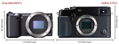 Größenvergleich: Sony Alpha NEX-5 vs. Fujifilm X-Pro1 Größenvergleich: Sony Alpha NEX-5 vs. Fujifilm X-Pro1