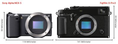 Größenvergleich: Sony Alpha NEX-5 vs. Fujifilm X-Pro3 Größenvergleich: Sony Alpha NEX-5 vs. Fujifilm X-Pro3