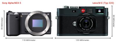 Größenvergleich: Sony Alpha NEX-5 vs. Leica M-E (Typ 220) Größenvergleich: Sony Alpha NEX-5 vs. Leica M-E (Typ 220)