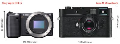 Größenvergleich: Sony Alpha NEX-5 vs. Leica M Monochrom Größenvergleich: Sony Alpha NEX-5 vs. Leica M Monochrom