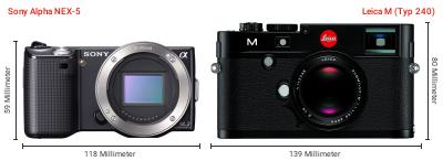 Größenvergleich: Sony Alpha NEX-5 vs. Leica M (Typ 240) Größenvergleich: Sony Alpha NEX-5 vs. Leica M (Typ 240)