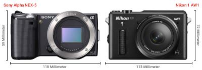 Größenvergleich: Sony Alpha NEX-5 vs. Nikon 1 AW1 Größenvergleich: Sony Alpha NEX-5 vs. Nikon 1 AW1
