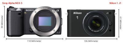 Größenvergleich: Sony Alpha NEX-5 vs. Nikon 1 J1 Größenvergleich: Sony Alpha NEX-5 vs. Nikon 1 J1