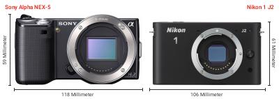Größenvergleich: Sony Alpha NEX-5 vs. Nikon 1 J2 Größenvergleich: Sony Alpha NEX-5 vs. Nikon 1 J2