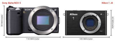 Größenvergleich: Sony Alpha NEX-5 vs. Nikon 1 J4 Größenvergleich: Sony Alpha NEX-5 vs. Nikon 1 J4