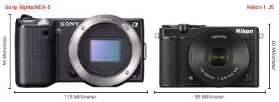Größenvergleich: Sony Alpha NEX-5 vs. Nikon 1 J5 Größenvergleich: Sony Alpha NEX-5 vs. Nikon 1 J5