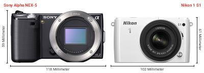 Größenvergleich: Sony Alpha NEX-5 vs. Nikon 1 S1 Größenvergleich: Sony Alpha NEX-5 vs. Nikon 1 S1