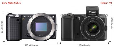 Größenvergleich: Sony Alpha NEX-5 vs. Nikon 1 V2 Größenvergleich: Sony Alpha NEX-5 vs. Nikon 1 V2
