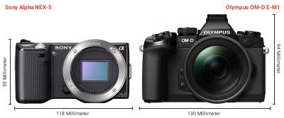 Größenvergleich: Sony Alpha NEX-5 vs. OM System OM-D E-M1 Größenvergleich: Sony Alpha NEX-5 vs. OM System OM-D E-M1