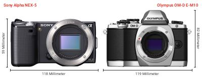 Größenvergleich: Sony Alpha NEX-5 vs. OM System OM-D E-M10 Größenvergleich: Sony Alpha NEX-5 vs. OM System OM-D E-M10