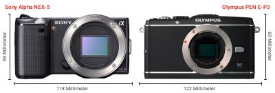 Größenvergleich: Sony Alpha NEX-5 vs. OM System PEN E-P3 Größenvergleich: Sony Alpha NEX-5 vs. OM System PEN E-P3