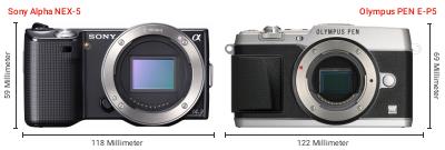 Größenvergleich: Sony Alpha NEX-5 vs. OM System PEN E-P5 Größenvergleich: Sony Alpha NEX-5 vs. OM System PEN E-P5