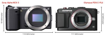Größenvergleich: Sony Alpha NEX-5 vs. Olympus PEN E-PL6 Größenvergleich: Sony Alpha NEX-5 vs. Olympus PEN E-PL6