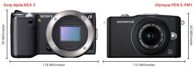 Größenvergleich: Sony Alpha NEX-5 vs. OM System PEN E-PM1 Größenvergleich: Sony Alpha NEX-5 vs. OM System PEN E-PM1