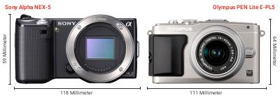 Größenvergleich: Sony Alpha NEX-5 vs. OM System PEN Lite E-PL5 Größenvergleich: Sony Alpha NEX-5 vs. OM System PEN Lite E-PL5