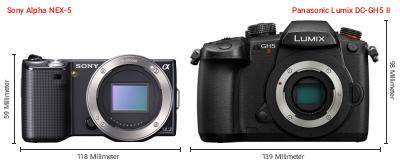 Größenvergleich: Sony Alpha NEX-5 vs. Panasonic Lumix DC-GH5 II Größenvergleich: Sony Alpha NEX-5 vs. Panasonic Lumix DC-GH5 II