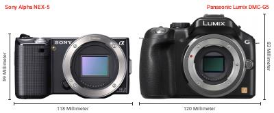 Größenvergleich: Sony Alpha NEX-5 vs. Panasonic Lumix DMC-G5 Größenvergleich: Sony Alpha NEX-5 vs. Panasonic Lumix DMC-G5